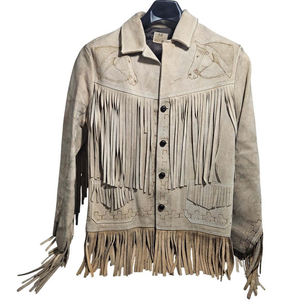 Vintage Mexico Suede Fringe Jacket 38 Tan Horse Pyrography Western Leather 70s